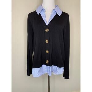 Boutique 2 in 1 Sweater Black Blue Stripe Collared Shirt Sz Large